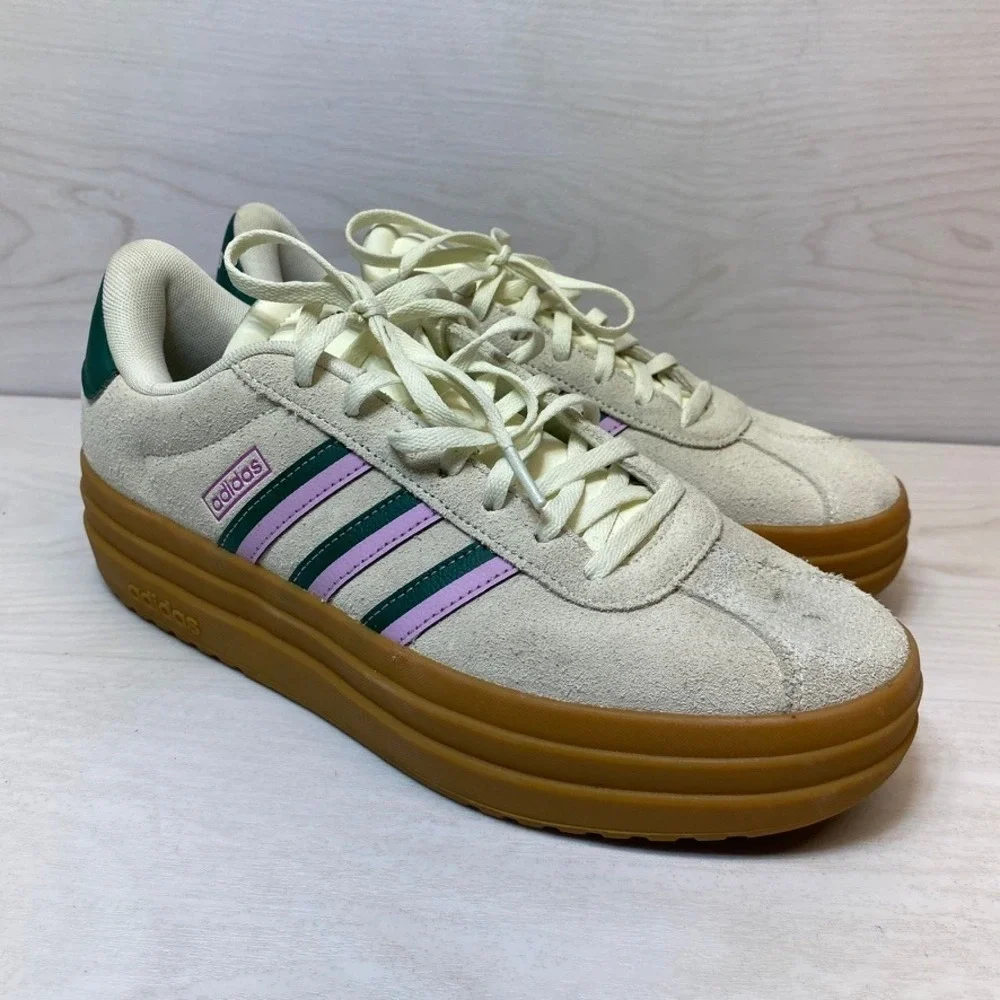 Adidas Womens 10 VL Court 3.0 Platform Sneaker Suede Cream Green Purple JI1788